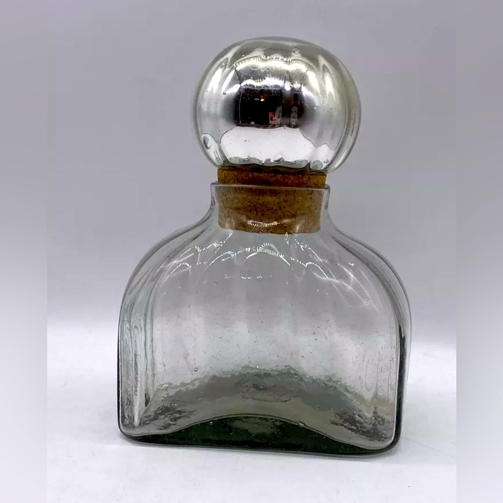 1980's Mexican Hand Blown Glass Decanter  
W/Mercury Glass Sphere Stopper MEDIUM